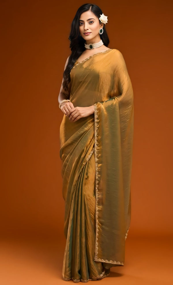 Beads and Stones Border Pure Chiffon Saree with Blouse Piece