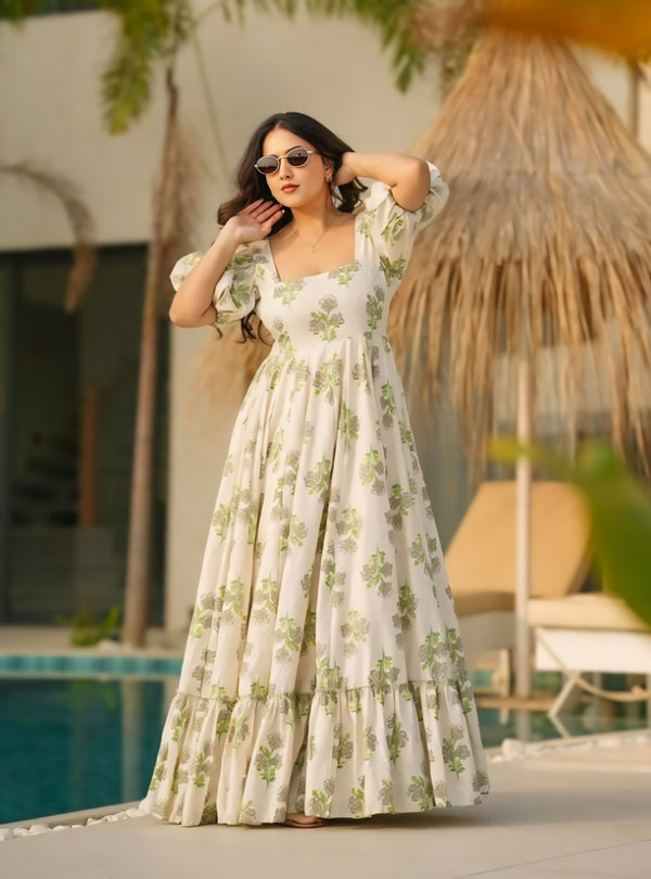 flowy, floral printed, puff-sleeve maxi dress