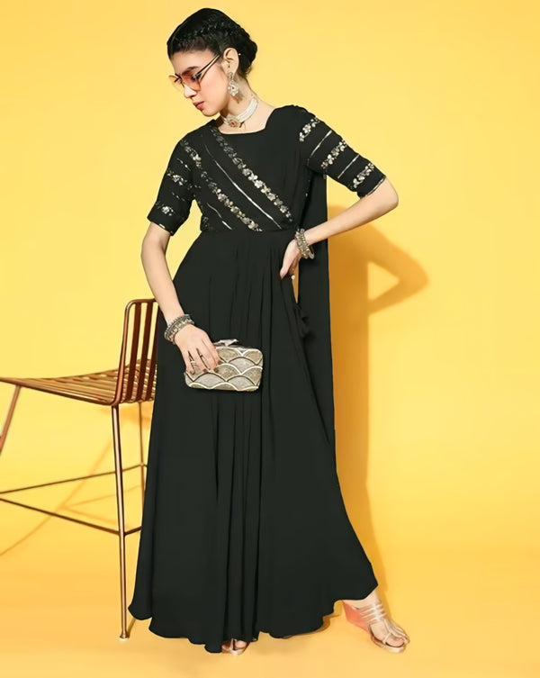 Floral Embroidered Zari Georgette A-Line Maxi Dress with Dupatta