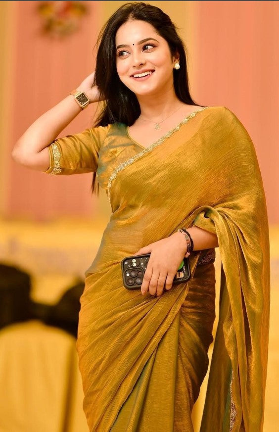Gold Solid Silk Blend Saree
