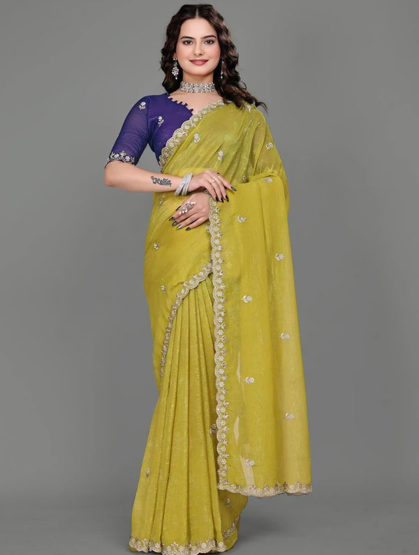 Floral Embroidered Beads and Stones Pure Chiffon Saree