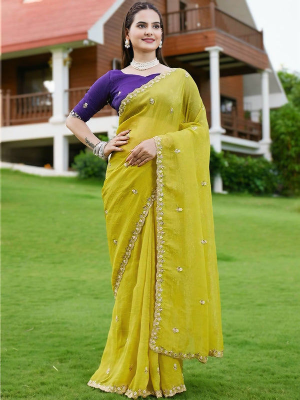 Crunchy Chiffon Saree With Embrodiery Work And Contrast Blouse Piece
